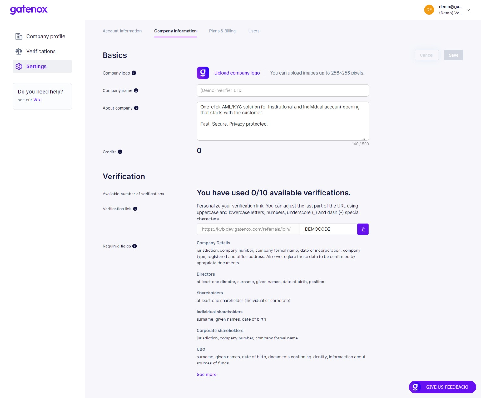 Settings - Company information